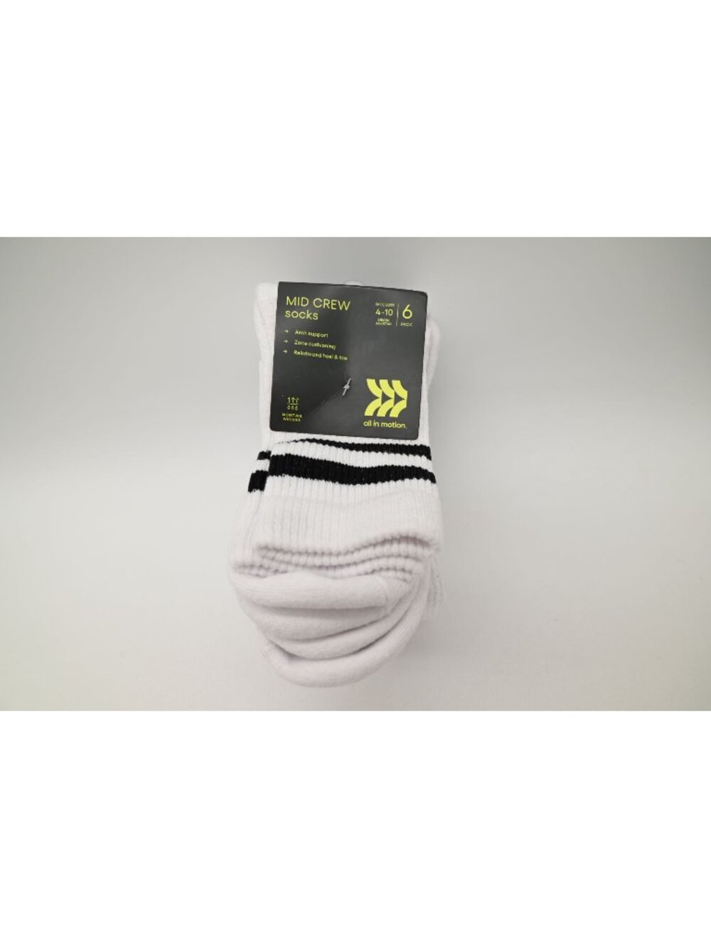 NWT All In Motion Mid Crew Socks 6 Pack Sz 4-10 White Athletic Sport Cushioned